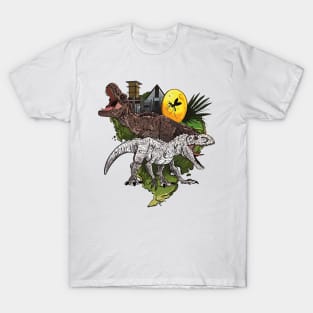 Amber Treasures: Rustic Illustration of T-Rex and Indominus Rex with the Famous Mosquito in Amber T-Shirt